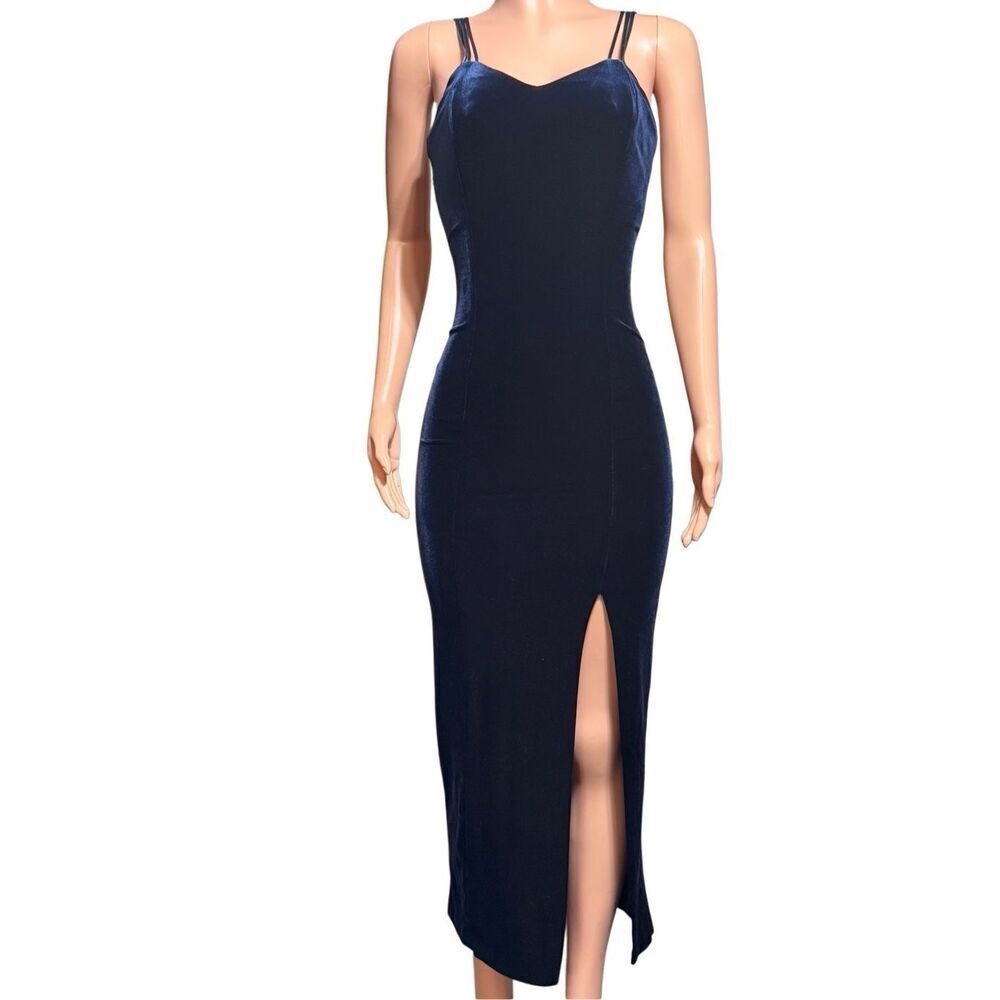 Women's navy blue velvet maxi dress with crisscross back and front slit S